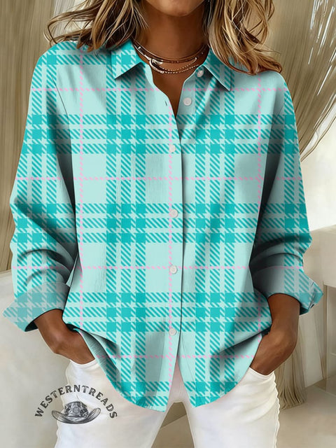 Women's Mint Blue and Green Check Print Casual Cotton Shirt