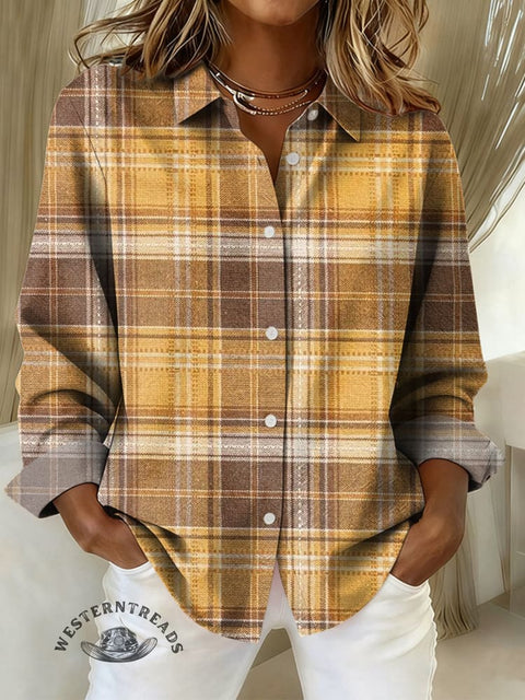 Women's Khaki and Yellow Check Print Casual Cotton Shirt