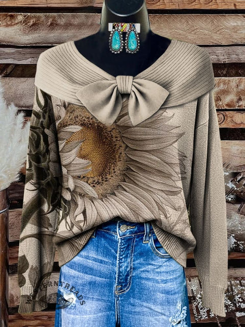 Retro Sun Flower Print Buttoned Cardigan Sweater