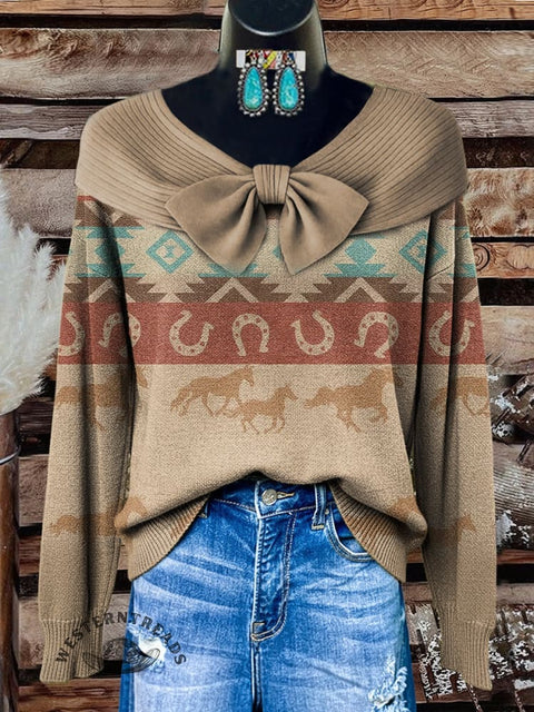 Retro Western Horse Racing Aztec Print Buttoned Cardigan Sweater