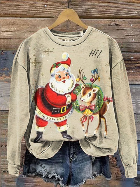 Santa Claus and Deer Casual Cotton Sweatshirt