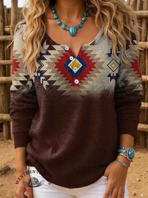 Retro Aztec Print Buttoned Cardigan Sweater