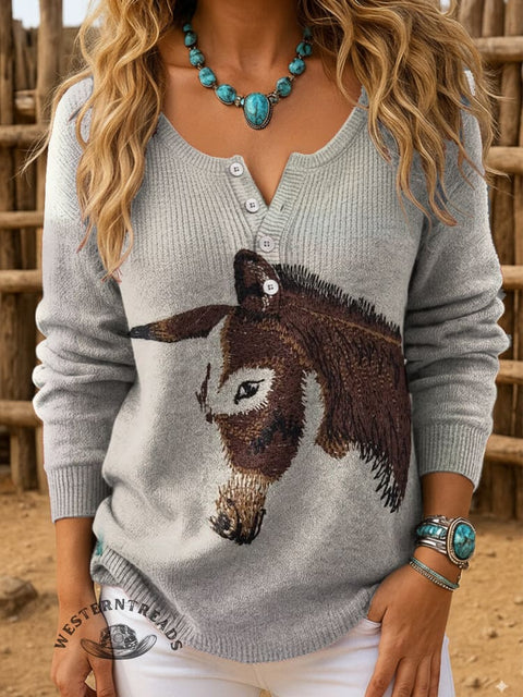Retro Donkey Print Buttoned Cardigan Sweater