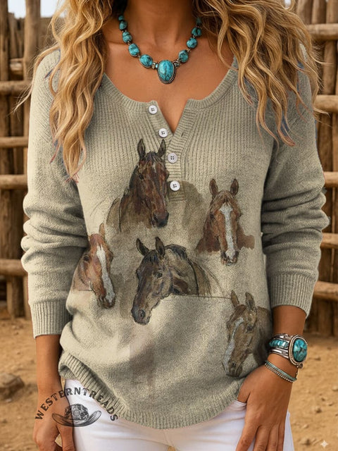 Retro Horse Print Buttoned Cardigan Sweater