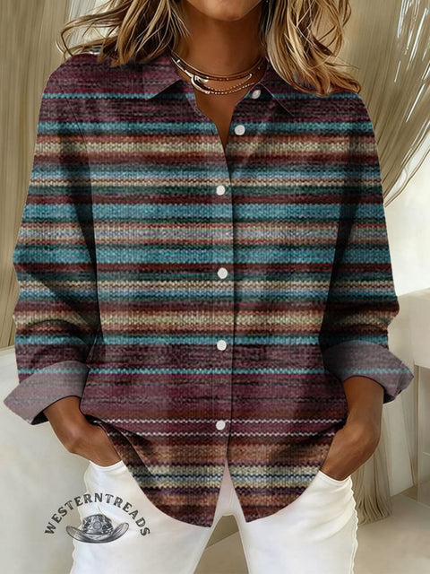 Women's Retro Colorful Stripes Print Casual Cotton Shirt
