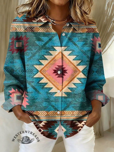 Women's Retro Colorful Aztec Carpet Pattern Print Casual Cotton Shirt