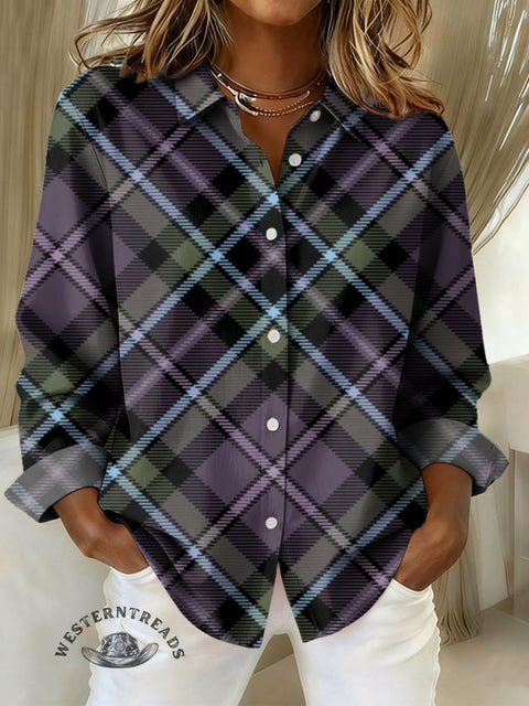 Women's Retro Purple Plaid Print Casual Cotton Shirt