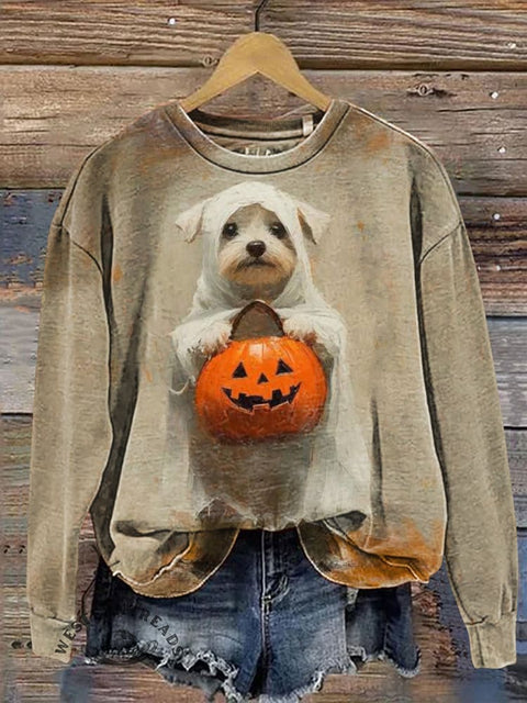 Cute Pumpkin Ghost Puppy Casual Cotton Sweatshirt