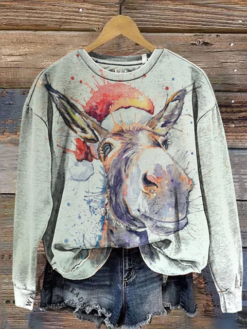 Retro Donkey with Santa Hat Casual Cotton Sweatshirt