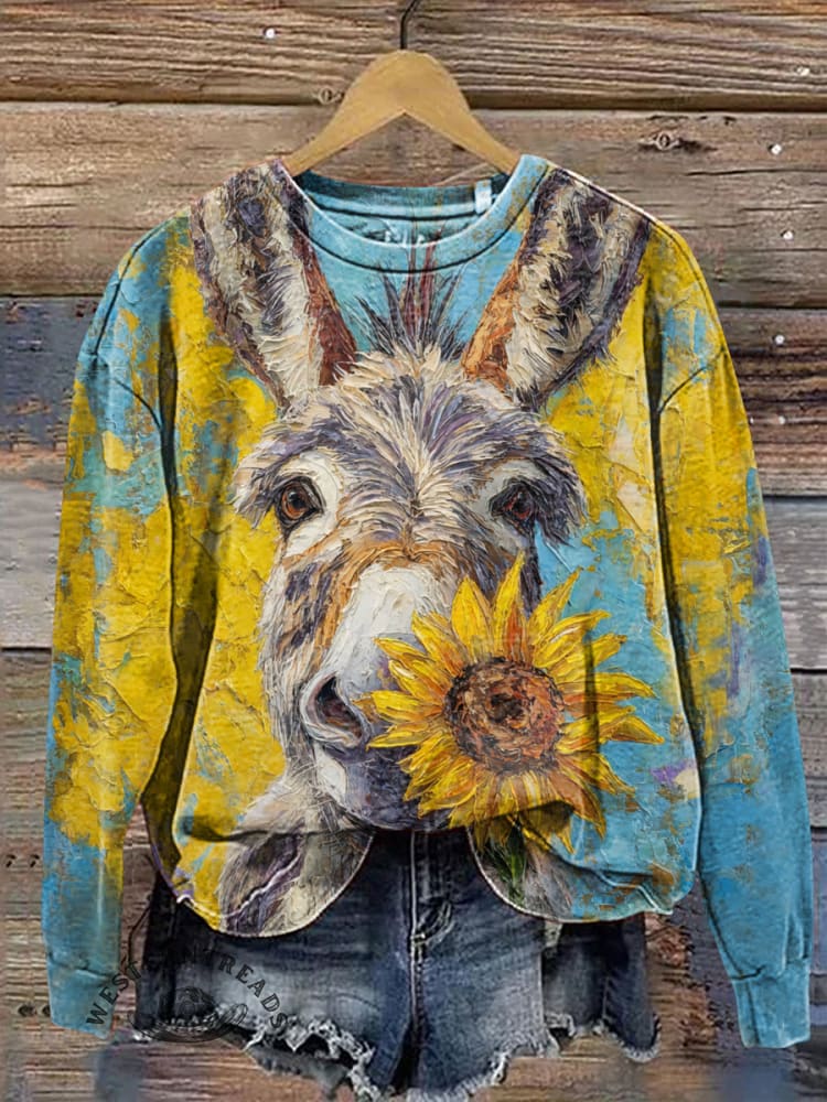 Vintage Oil Painting Visual Donkey and Sunflowers Casual Cotton Sweatshirt