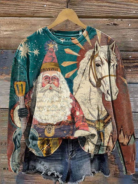 Retro Rock Santa Claus and White Horse Casual Cotton Sweatshirt
