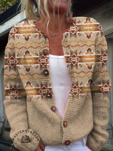 Retro Aztec Print Buttoned Cardigan Sweater