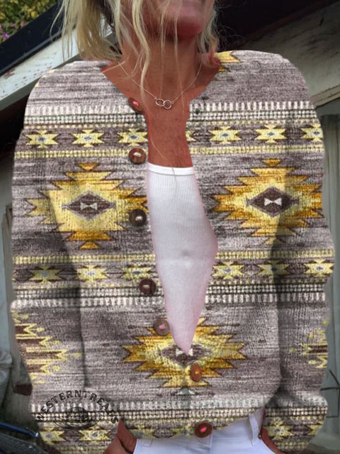 Retro Aztec Print Buttoned Cardigan Sweater