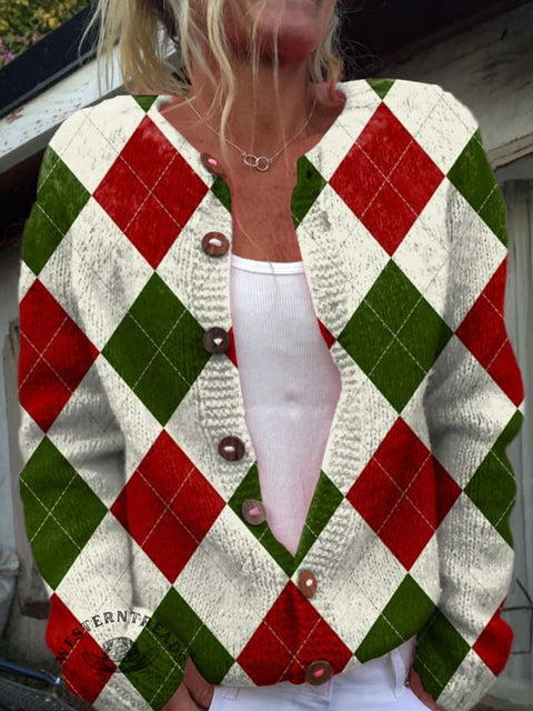 Christmas Color Diamond Check Pattern Print Buttoned Cardigan Sweater