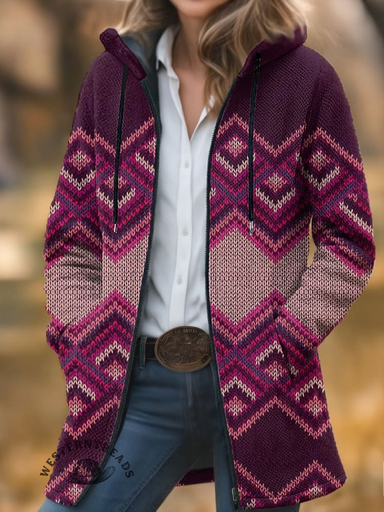 Vintage Plum Check Unisex Plush Thick Long-Sleeved Cardigan Coat