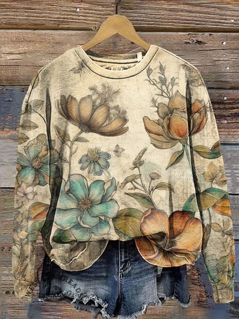 Retro Flowers Prints Casual Cotton Sweatshirt