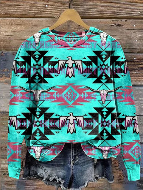 Colorful Aztec and Bull Skulls Prints Casual Cotton Sweatshirt