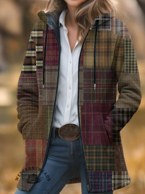 Retro Plaid Stitching Unisex Plush Thick Long-Sleeved Cardigan Coat