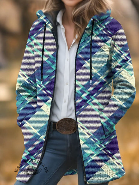 Retro Blue Plaid Unisex Plush Thick Long-Sleeved Cardigan Coat