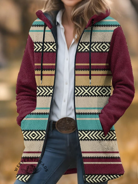 Retro Aztec Stripes Unisex Plush Thick Long-Sleeved Cardigan Coat