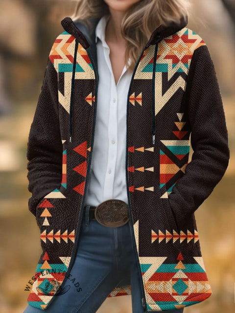 Color Aztec Unisex Plush Thick Long-Sleeved Cardigan Coat