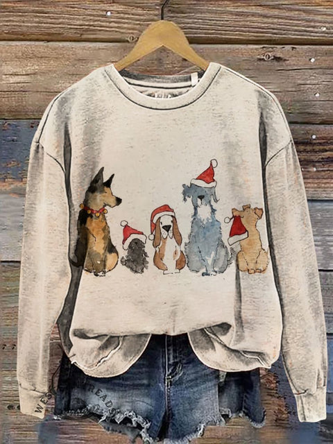 Dog Wearing Santa Hat Prints Casual Cotton Sweatshirt