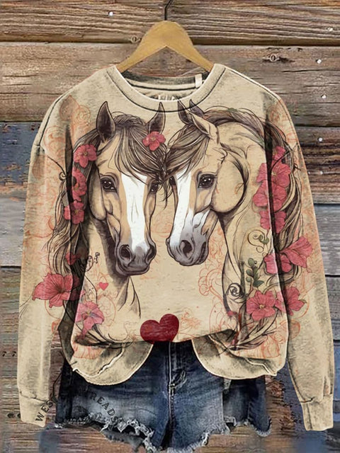 Retro Horse Prints Casual Cotton Sweatshirt