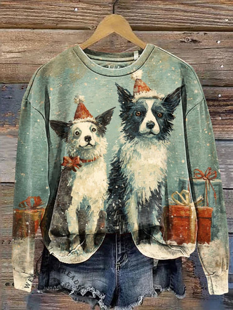 Dog Wearing Santa Hat Prints Casual Cotton Sweatshirt