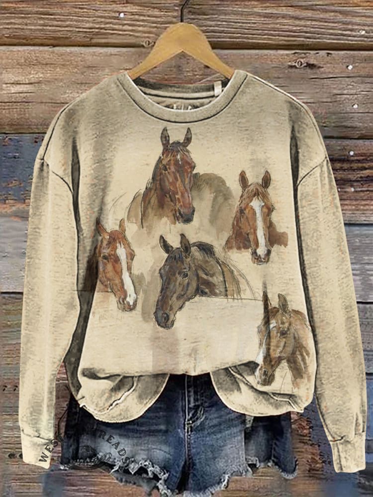 Retro Horse Prints Casual Cotton Sweatshirt