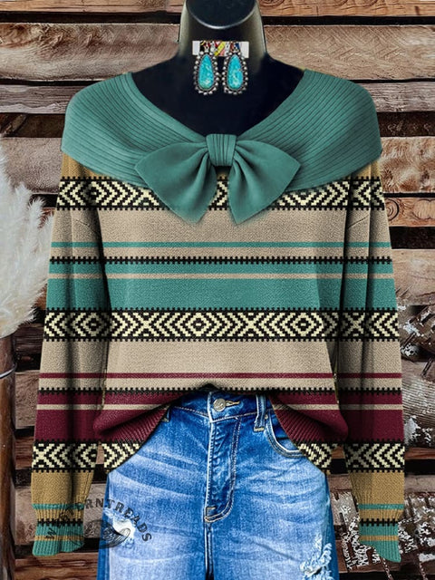 Retro Colorful Aztec Stripes Print Buttoned Cardigan Sweater