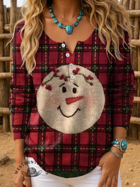 Retro Christmas Plaid Snowman Print Buttoned Cardigan Sweater