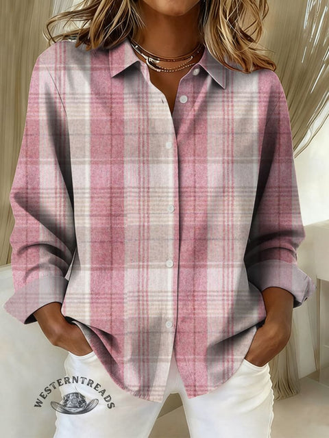 Women's Pink Plaid Casual Cotton Shirt