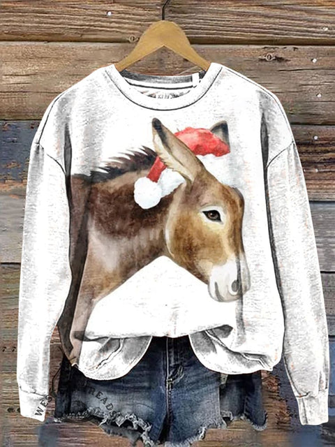 Horse Wearing Santa Hat Casual Cotton Sweatshirt