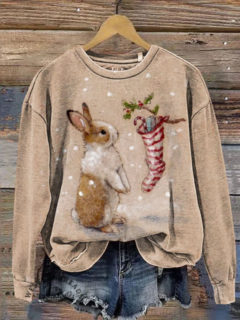 Cute Bunny and Christmas Socks Casual Cotton Sweatshirt