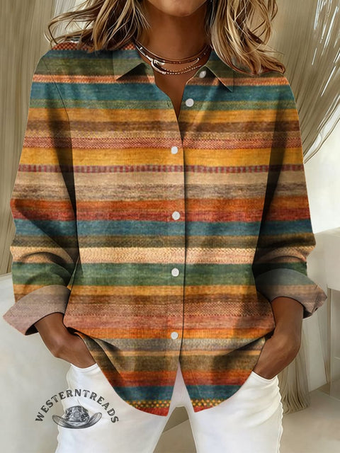 Women's Retro Colorful Stripes Print Casual Cotton Shirt