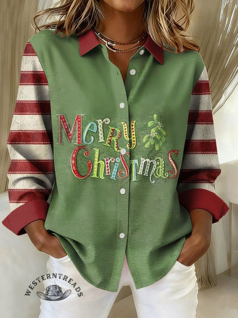 Women's Retro Christmas Solid Color Striped Stitching Print Casual Cotton Shirt