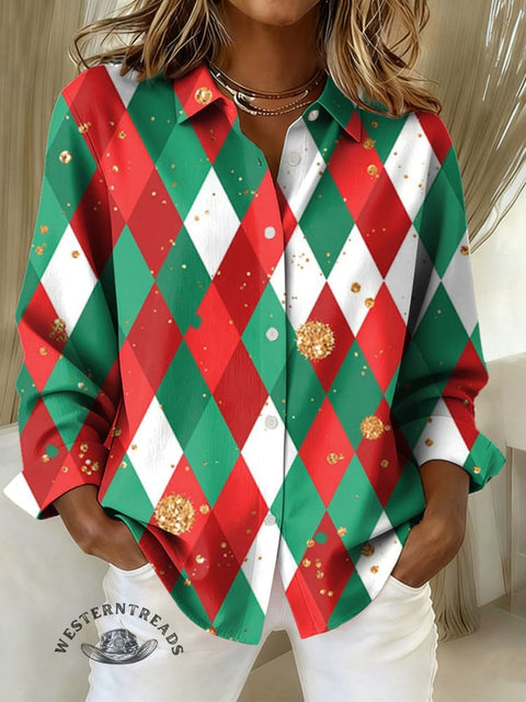 Women's Christmas Plaid Print Casual Cotton Shirt