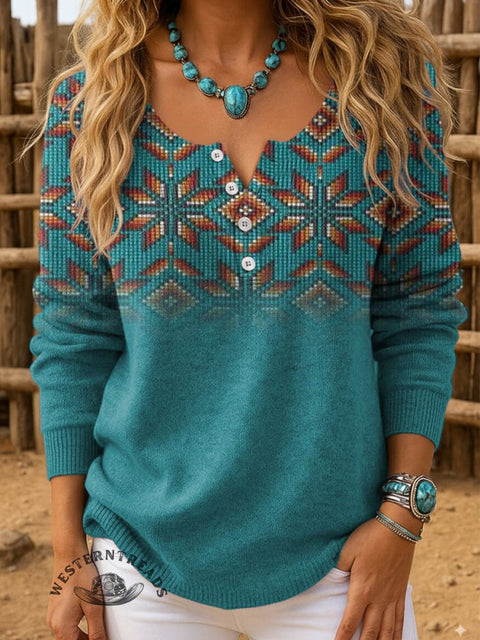 Retro Gradient Aztec Snowflake Pattern Print Buttoned Cardigan Sweater