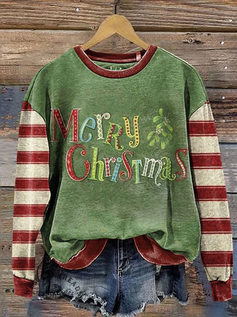 Retro Christmas Solid Color Striped Stitching Casual Cotton Sweatshirt