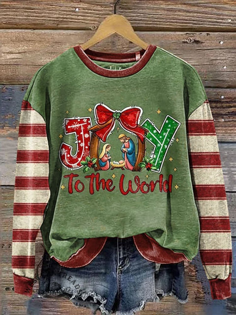 Retro Christmas Joy Solid Color Striped Stitching Casual Cotton Sweatshirt