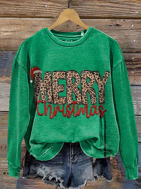 Retro Leopard Print Christmas Casual Cotton Sweatshirt