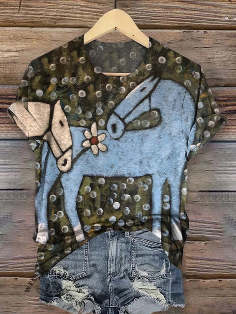 Retro Horse and Flower Casual Short-sleeved T-shirt