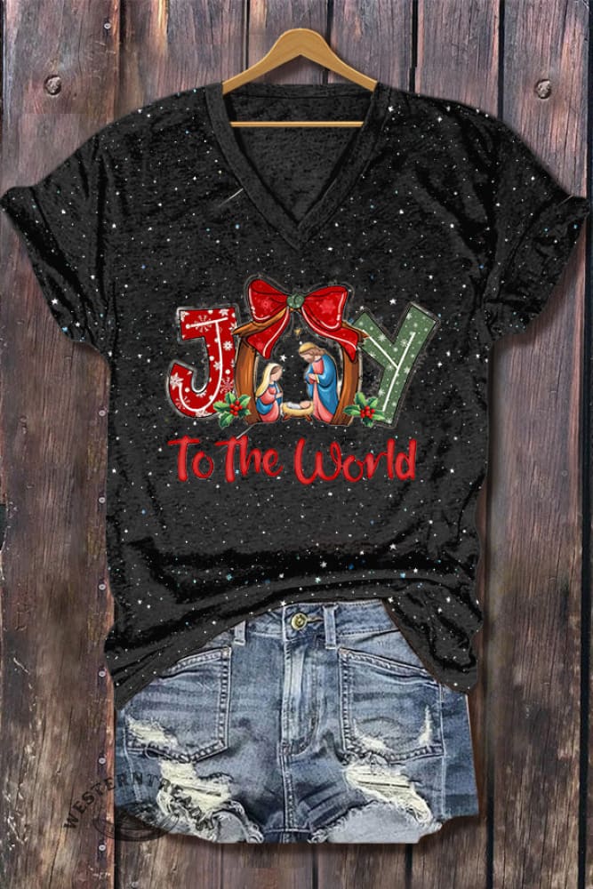 Joy To The World Christmas Print V-Neck T-shirt