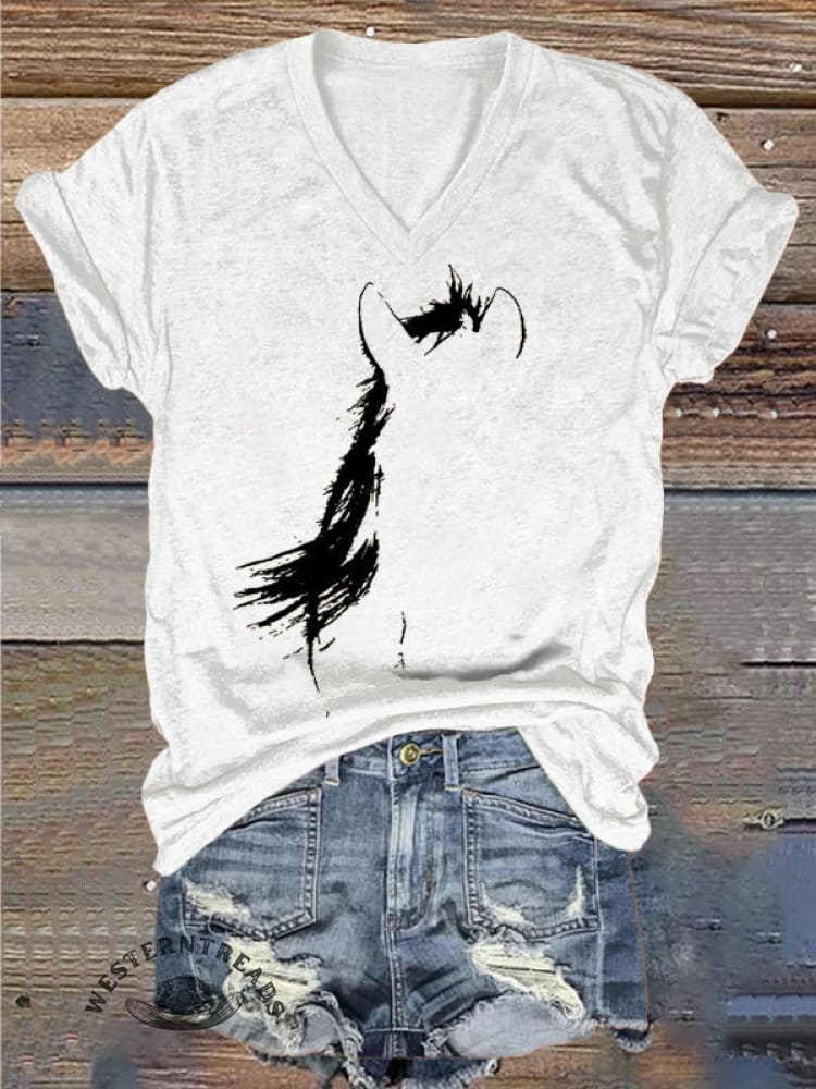 Women's Vintage Print V-neck Casual T-Shirt