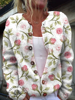 Rose Art Print Buttoned Cardigan Sweater