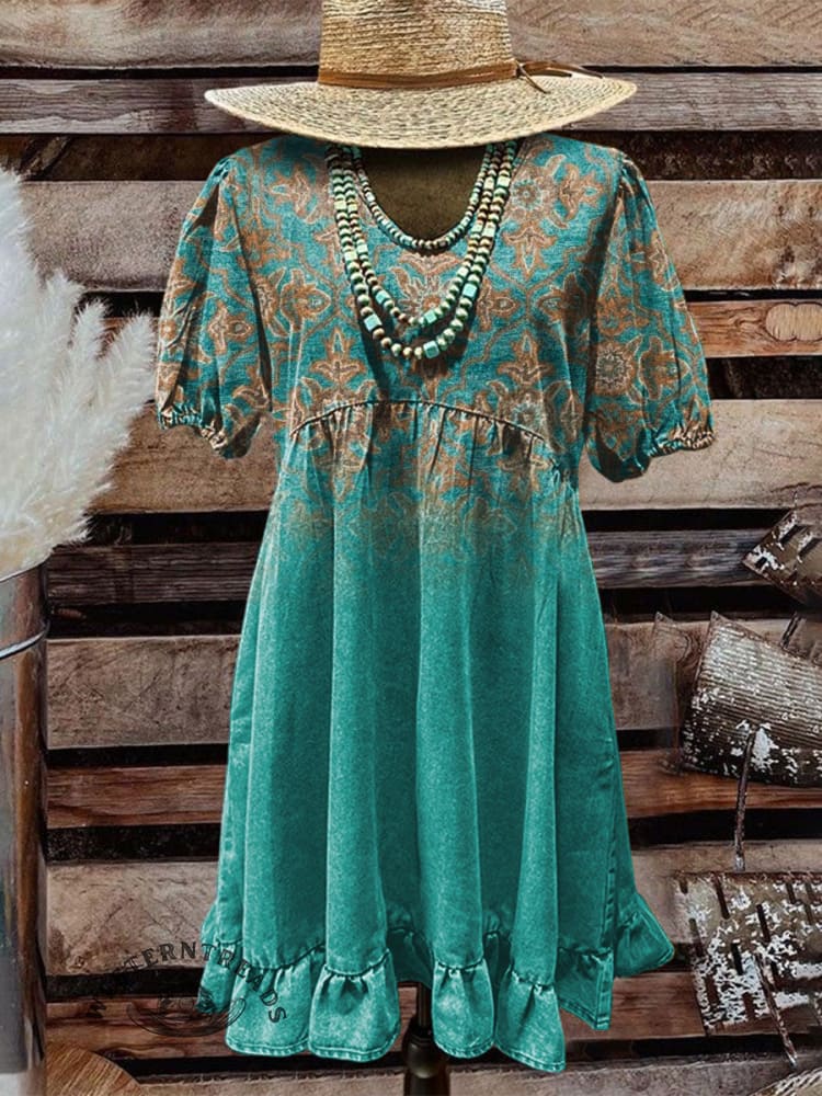 Women's Western Print Pocket Cotton Dress