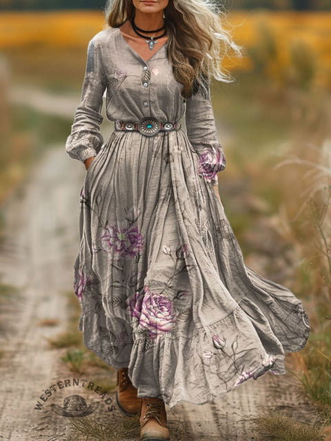 Women's Art Print V-Neck Button Pocket Cotton Dress