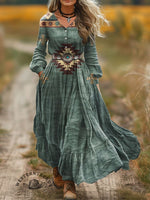 Women's Art Print V-Neck Button Pocket Cotton Dress