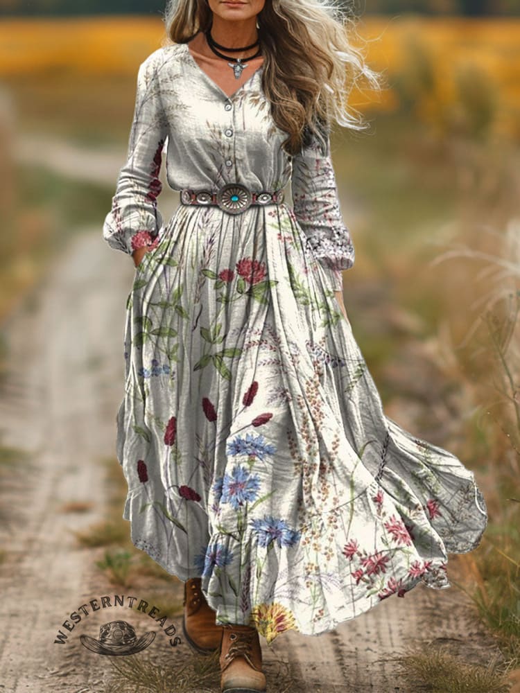 Women's Art Print V-Neck Button Pocket Cotton Dress