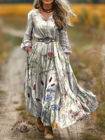 Women's Art Print V-Neck Button Pocket Cotton Dress